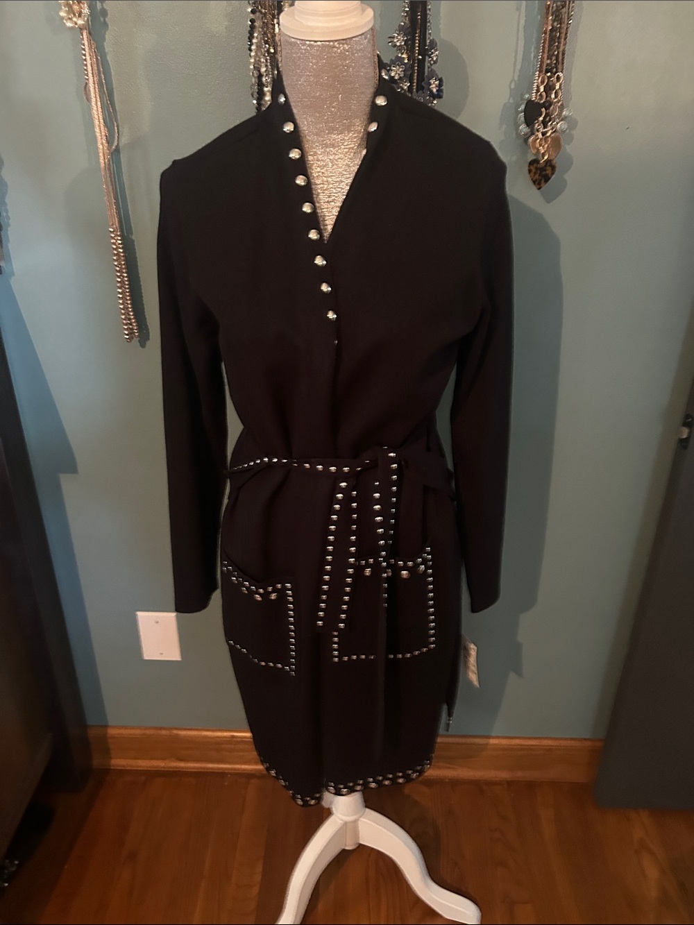 INC International Concepts Black Stud-Trim Long-Sleeve Belted duster